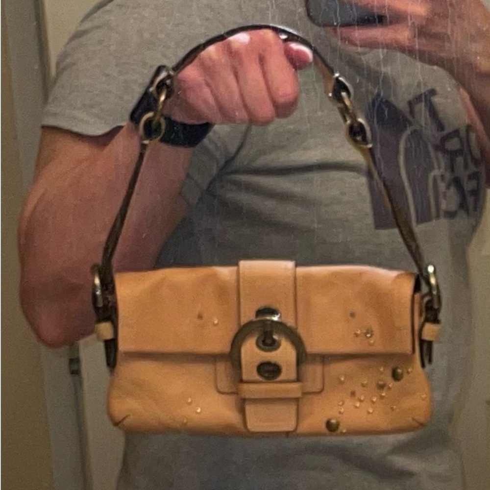 Y2K Coach Tan Leather Shoulder Bag with Pink Interior